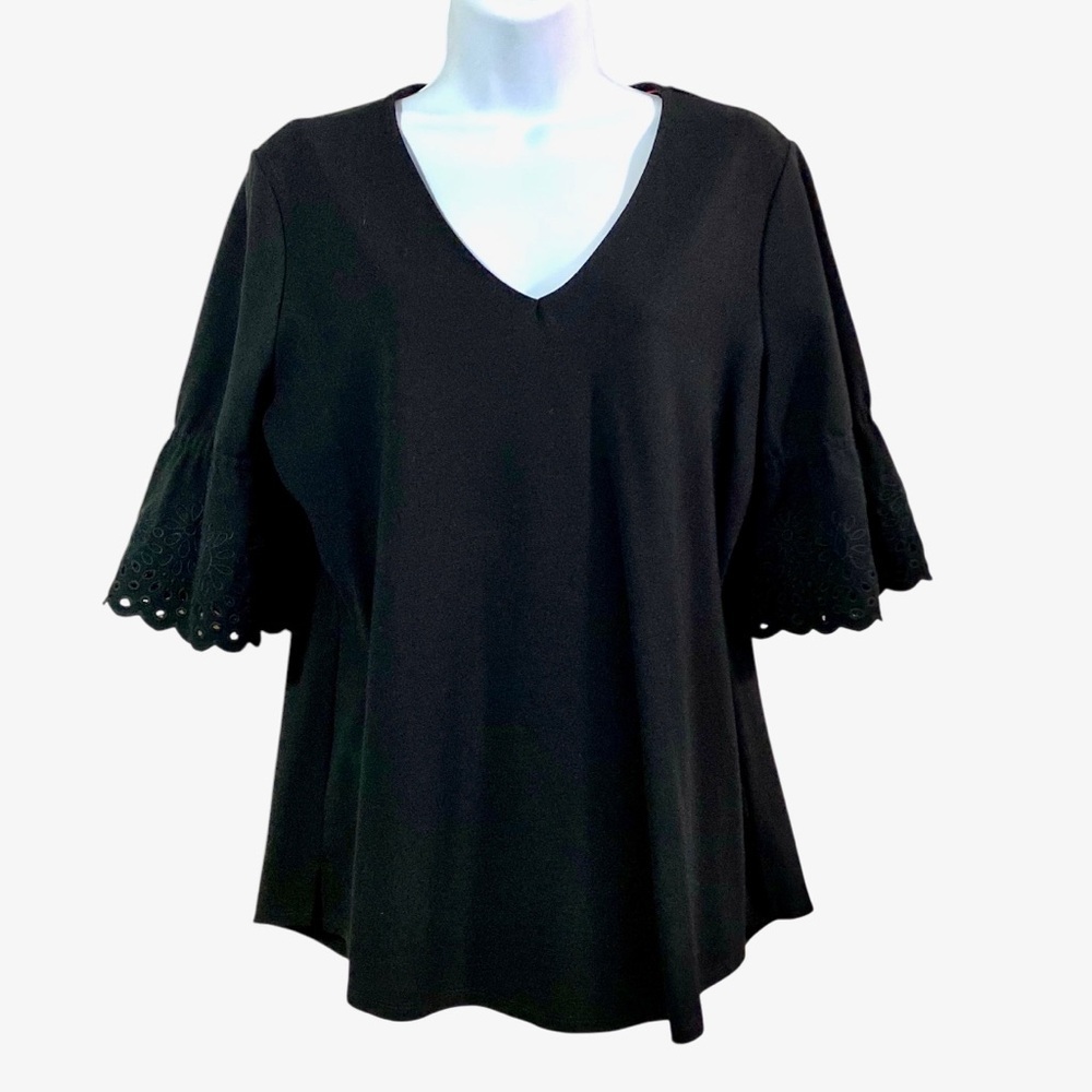 Black V-neck Blouse Tunic Size Large Bell Sleeve Top
